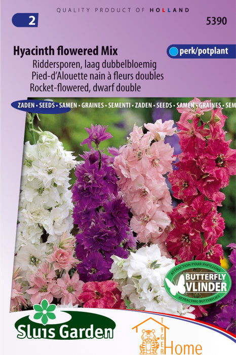 Hyacinth Flowered Mix Riddersporen Laag Dubbelbloemig Bloemen Zaden voor de Tuin: Kweek Prachtige, Dubbelbloemige Lage Riddersporen - Grow Beautiful, Low Double-Flowered Larkspur Flowers - Cultivez de Magnifiques Pied-d'Alouette