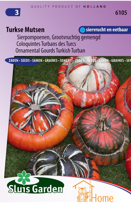 Cucurbita Turkse Muts Grote Vruchten Zaden, Decoratieve Kalebas - Turkish Turban Large Fruit Gourd Seeds, Ornamental Variety