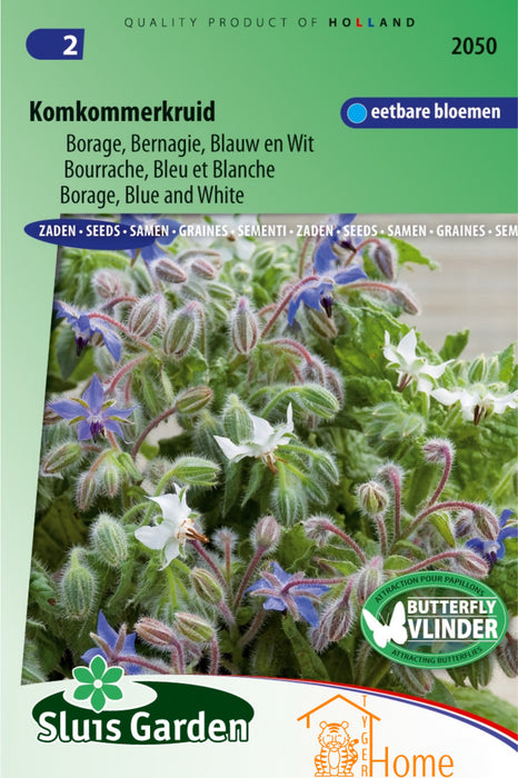 Komkommerkruid Borage Zaden - Blauw en Wit: Kweek Heerlijke, Aromatische Bernagie met Eetbare Bloemen en Verfrissende Smaak voor Salades, Thee en Bijvriendelijke Tuinen