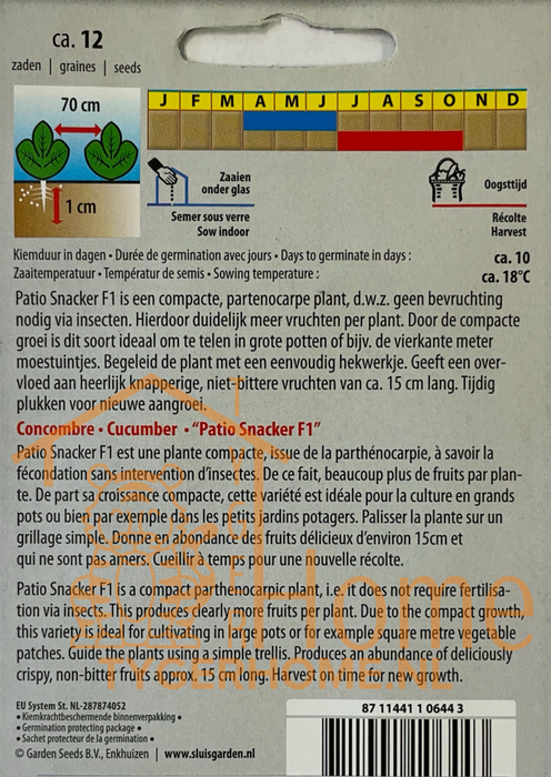 Komkommer Patio Snacker F1 – Zaden voor Heerlijke, Knapperige Komkommers op je Terras