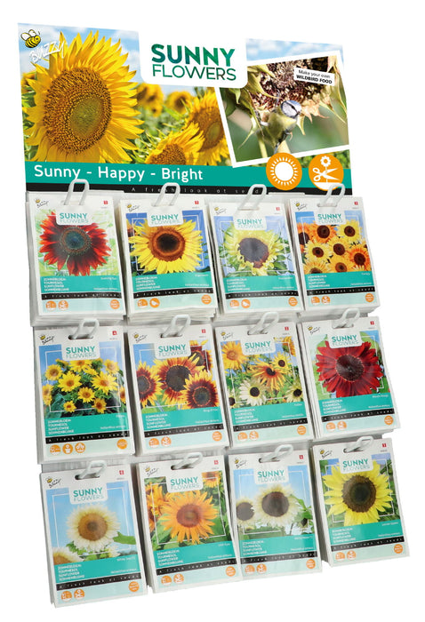 Zonnebloemen Zaden Display – 120 Stuks (12 Soorten) – Kleurrijke Mix van Lage & Hoge Zonnebloemen – Complete Set voor Tuin & Cadeau