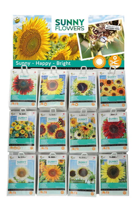 Zonnebloemen Zaden Display – 120 Stuks (12 Soorten) – Kleurrijke Mix van Lage & Hoge Zonnebloemen – Complete Set voor Tuin & Cadeau
