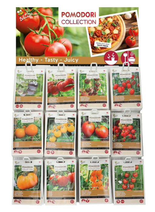 Tomaten Zaden Display – 180 Stuks (12 Soorten) – Mix van Cherry, Roma & Grote Tomaten – Complete Kweekset voor Tuin, Kas & Balkon
