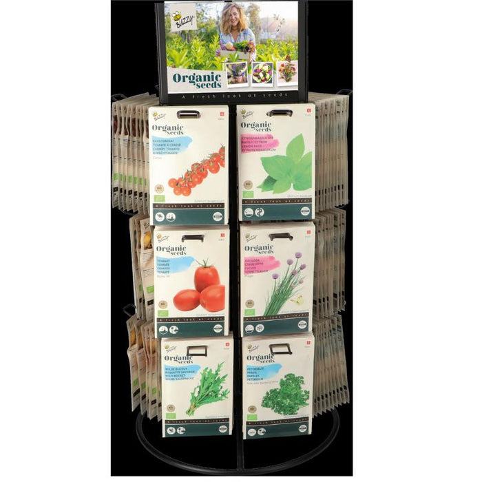 Carrousel Zaden Display – 180 Stuks (18 Soorten) – Biologische Bloemen, Kruiden & Groenten Mix – Draaibare Display voor Winkel