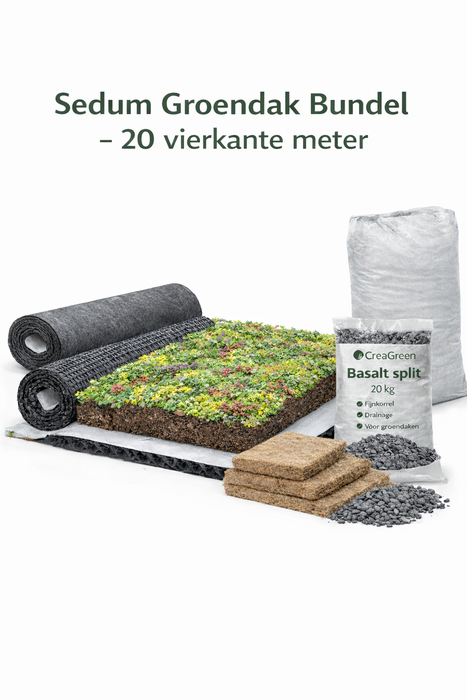 Compleet Groendakpakket 20 m² – Inclusief Sedum Vegetatiemat, Drainagemat, Beschermdoek, Substraatmatten, Daktuinsubstraat en Basalt Split