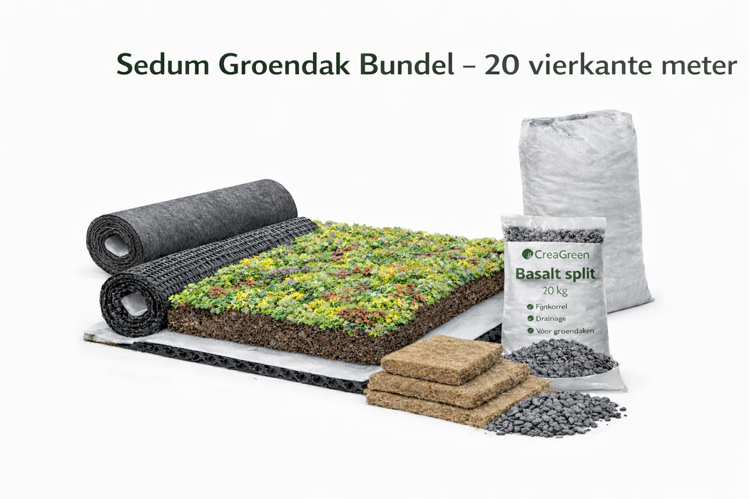 Compleet Groendakpakket 20 m² – Inclusief Sedum Vegetatiemat, Drainagemat, Beschermdoek, Substraatmatten, Daktuinsubstraat en Basalt Split