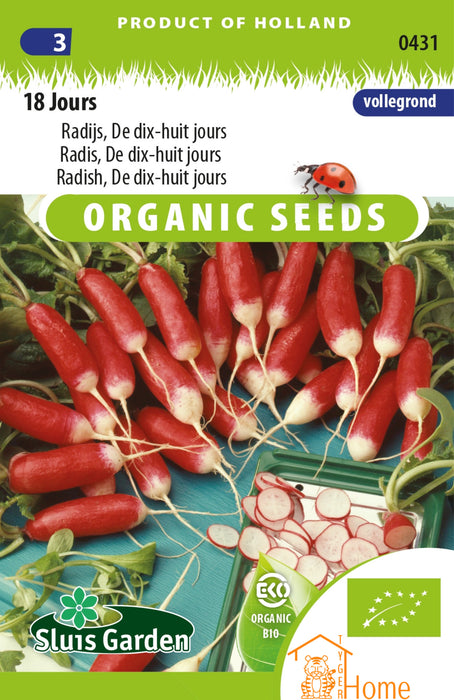 18 Jours Radijs Zaden: Kweek heerlijke, snelgroeiende radijzen in slechts 18 dagen. Grow delicious, fast-growing radishes for fresh salads. Cultivez des radis savoureux et à croissance rapide en 18 jours