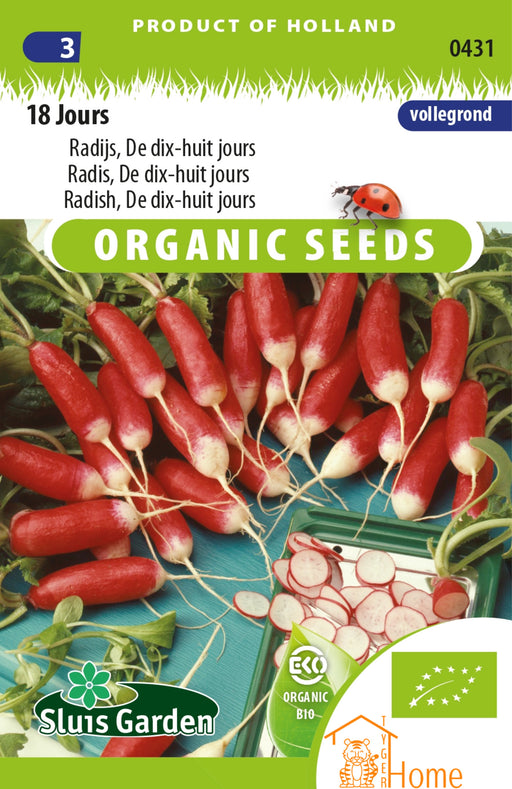 18 Jours Radijs Zaden: Kweek heerlijke, snelgroeiende radijzen in slechts 18 dagen. Grow delicious, fast-growing radishes for fresh salads. Cultivez des radis savoureux et à croissance rapide en 18 jours
