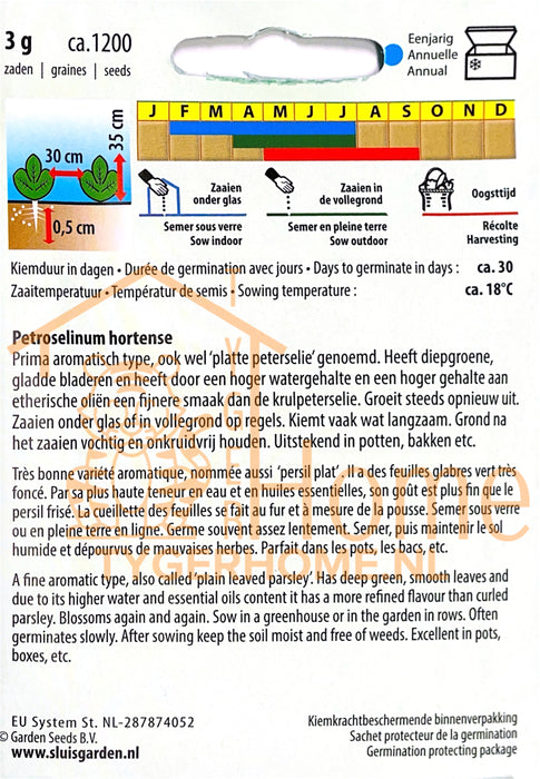 Bladpeterselie Gewone Snij 2 Zaden: Kweek Heerlijke, Aromatische Peterselie met Fijne Bladeren en Kruidige Smaak voor Salades, Soepen, Sauzen en Mediterrane Gerechten