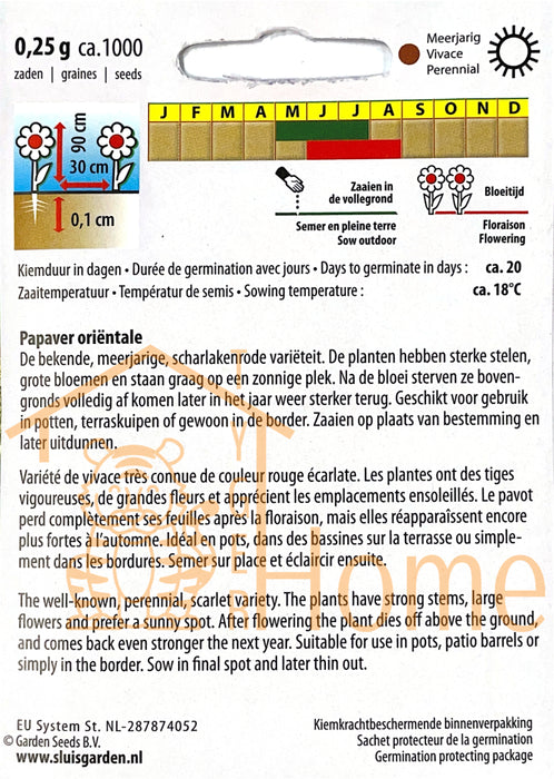 Oosterse Klaproos Zaden, Meerjarige Reuzenklaproos - Oriental Poppy Seeds, Perennial Giant Poppy - Graines de Pavot d'Orient, Pavot de Tournefort Vivace