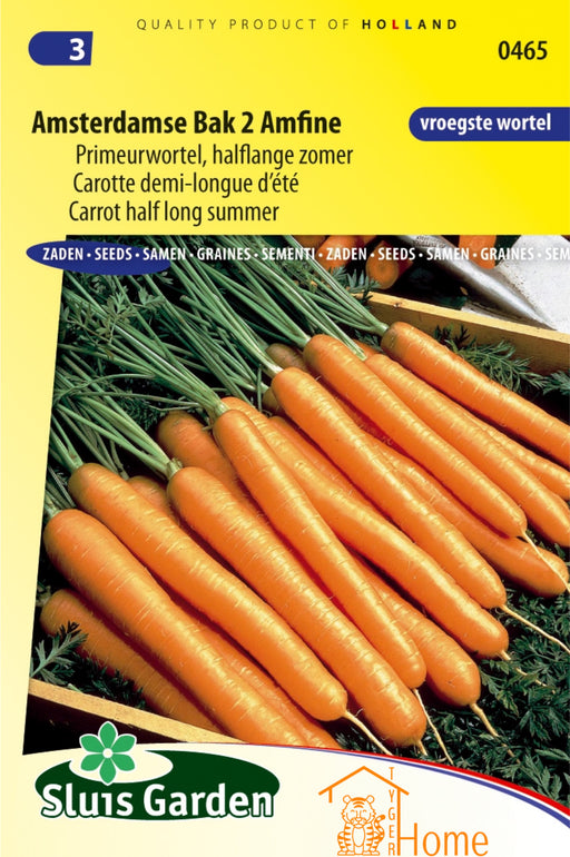 Amsterdamse Bak Amfine Primeurwortel Halflange Zomer Zaden: Kweek heerlijke, zoete wortelen in je eigen tuin. Grow delicious, sweet summer carrots for fresh, healthy dishes. Cultivez des carottes d'été savoureuses et sucrées pour des plats frais et sains