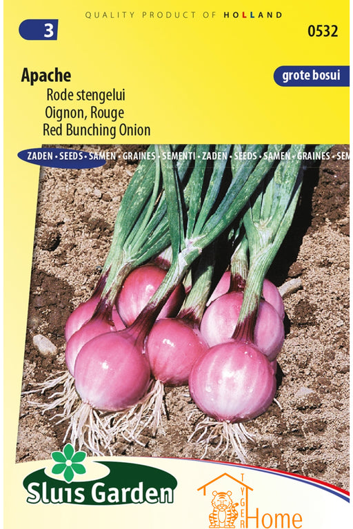"Apache Rode Stengelui Zaden: Kweek heerlijke, knapperige rode stengeluien in je eigen tuin. Grow delicious, crunchy red bunching onions for fresh and flavorful dishes. Cultivez des oignons rouges à tiges croquants et savoureux pour des plats frais et parfumés