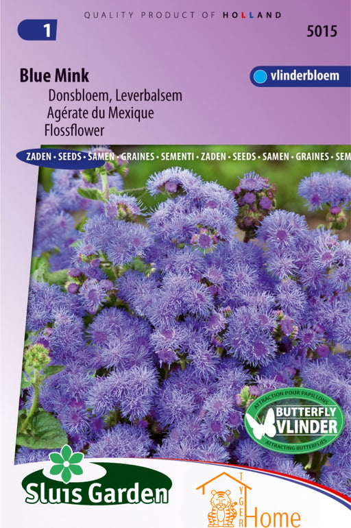 Blue Mink Donsbloem Leverbalsem Zaden: Kweek prachtige, blauwe donsbloemen in je tuin. Grow beautiful, blue floss flowers for a colorful and vibrant garden. Cultivez de l'ageratum bleu et magnifique pour un jardin éclatant.