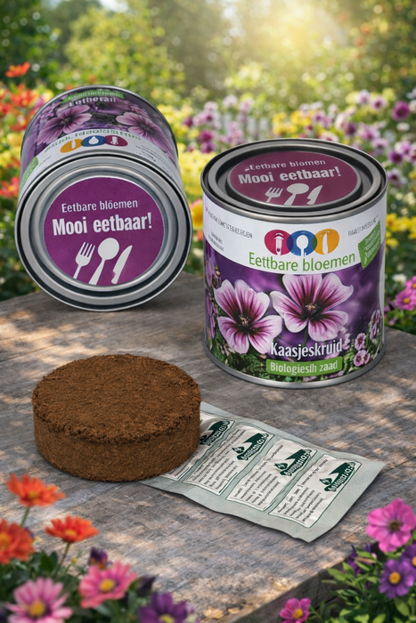 100x Eetbare Bloemen Kaasjeskruid (Mallow) BIOLOGISCH – Complete Kweekset in Blik – Inclusief Zaden & Kokosgrond