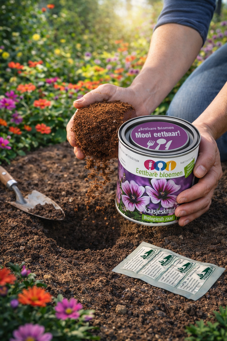 100x Eetbare Bloemen Kaasjeskruid (Mallow) BIOLOGISCH – Complete Kweekset in Blik – Inclusief Zaden & Kokosgrond