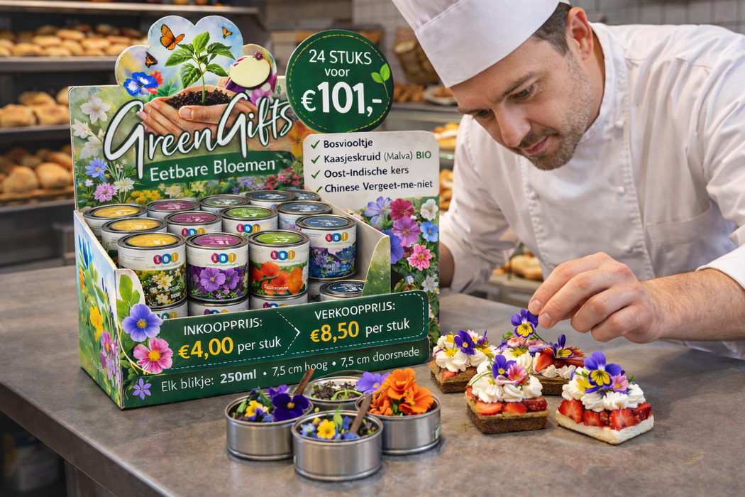 GreenGifts Essbare Blüten Anzuchtset in der Dose – Perfektes Produkt für den Einzelhandel, Geschenkartikelläden und die Gastronomie
