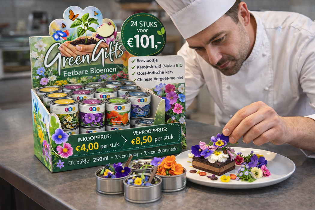 GreenGifts Essbare Blüten Anzuchtset in der Dose – Perfektes Produkt für den Einzelhandel, Geschenkartikelläden und die Gastronomie