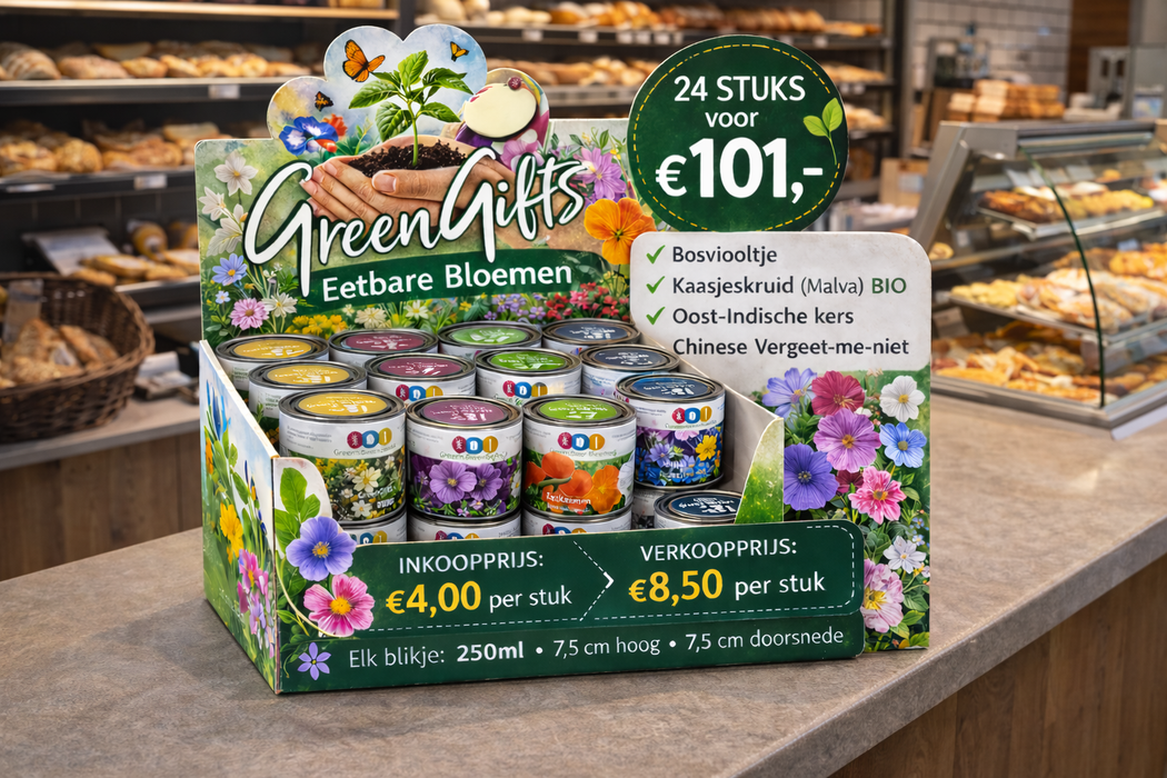 GreenGifts Essbare Blüten Anzuchtset in der Dose – Perfektes Produkt für den Einzelhandel, Geschenkartikelläden und die Gastronomie