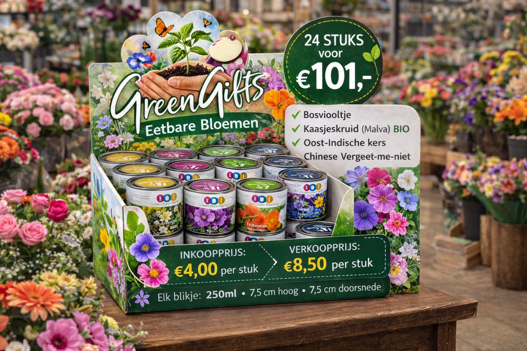 GreenGifts Essbare Blüten Anzuchtset in der Dose – Perfektes Produkt für den Einzelhandel, Geschenkartikelläden und die Gastronomie