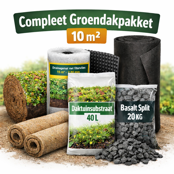 Compleet Groendakpakket 10 m² – Inclusief kruiden-sedummat, drainagemat, beschermdoek, substraatmatten, daktuinsubstraat en basalt split