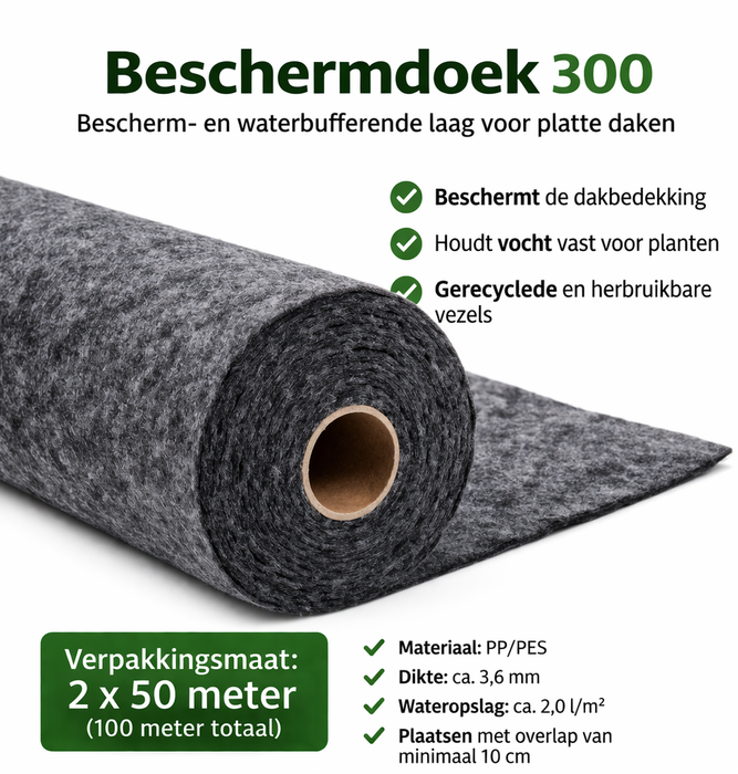🌿 Schutzvlies 300 – Gründach Schutzlage & Wasserspeicher Vlies (100 m² – 2 x 50 Meter)