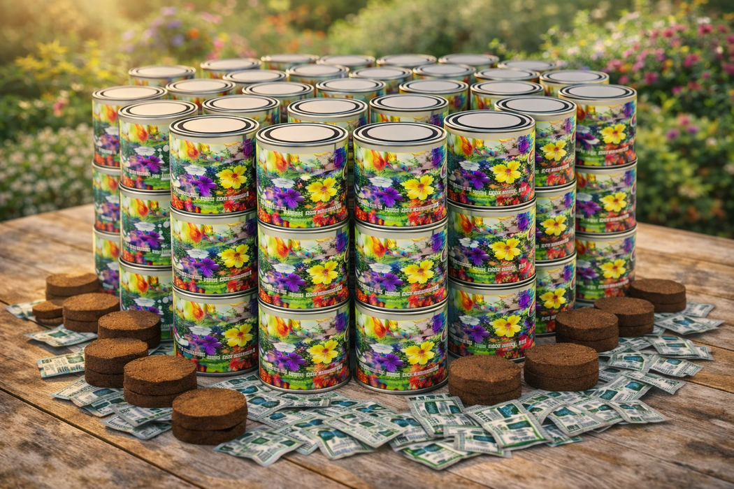 100x Bloemen Kweekset in Blik – 250ML | Biologische Zaden & Aarde Tablet | Bulk Cadeauset