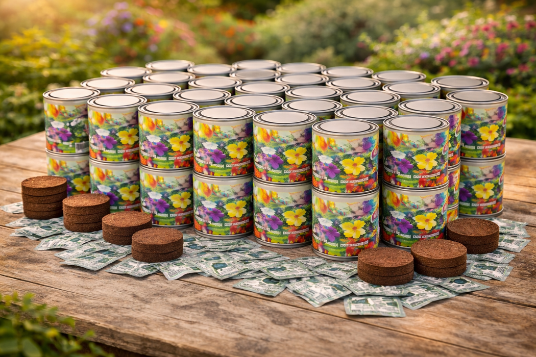 50x Bloemen Kweekset in Blik – 250ML | Biologische Zaden & Aarde Tablet | Bulk Cadeauset