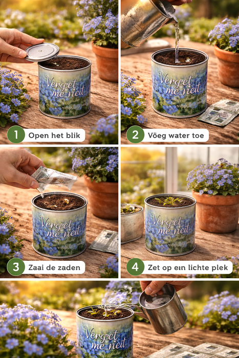 100x Vergeet-me-niet Kweekset in Blik – 250ML | Biologische Bloemenzaden | Complete DIY Set
