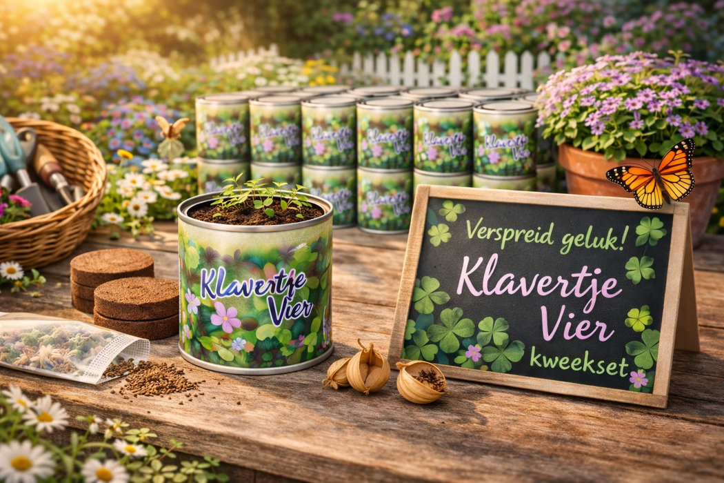 50x Klavertje Vier Kweekset in Blik – 250ML | Geluksplantje | Biologische Zaden | Cadeauset