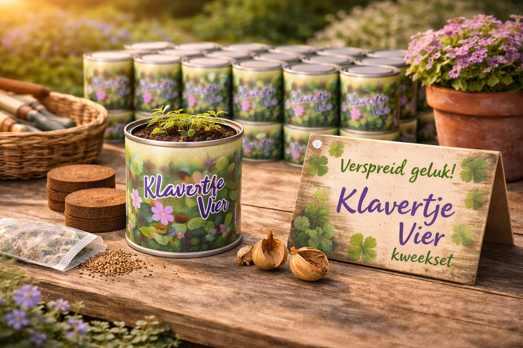 50x Klavertje Vier Kweekset in Blik – 250ML | Geluksplantje | Biologische Zaden | Cadeauset