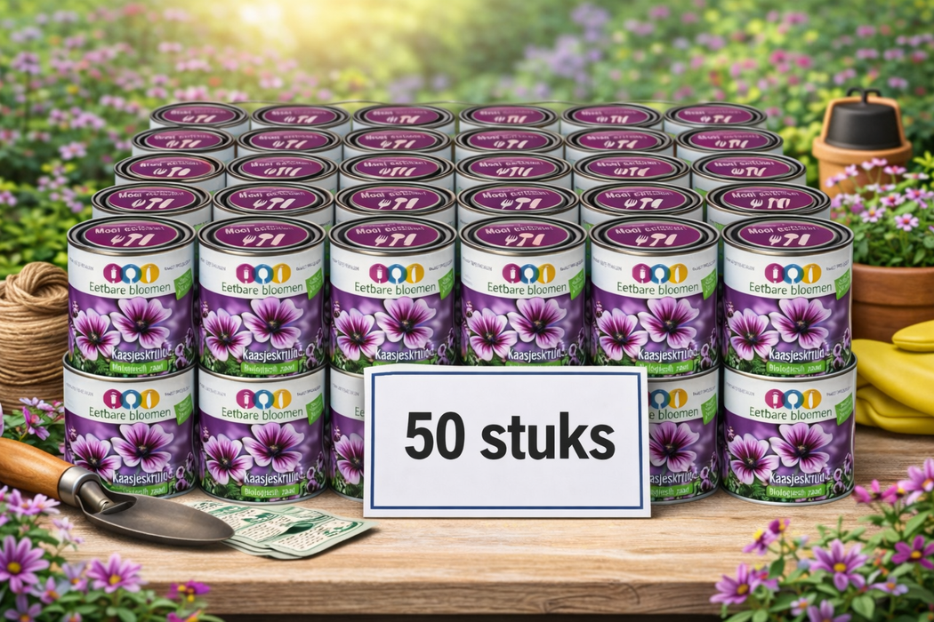 50x Eetbare Bloemen Kaasjeskruid (Mallow) BIOLOGISCH – Complete Kweekset in Blik – Inclusief Zaden & Kokosgrond