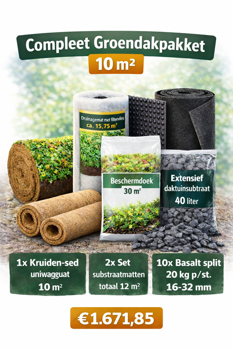 Compleet Groendakpakket 10 m² – Inclusief kruiden-sedummat, drainagemat, beschermdoek, substraatmatten, daktuinsubstraat en basalt split