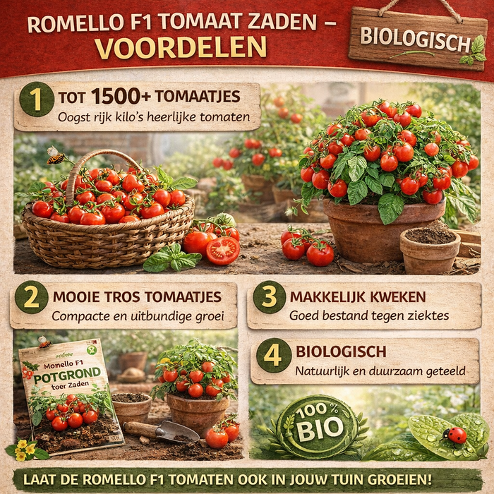 Tomaat Romello F1 | Compacte snoeptomaat voor potten en balkons | Rijkdragend & meeldauwresistent | Ideaal voor terras of stadstuin