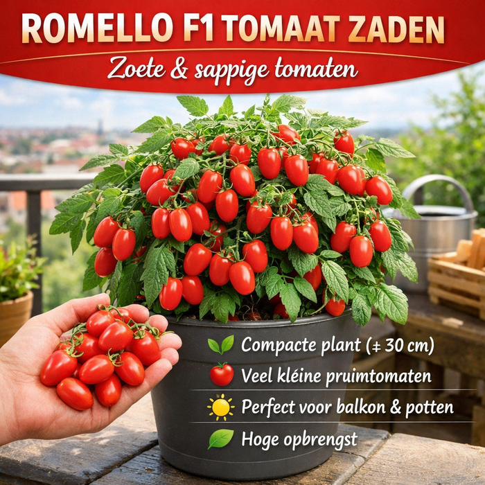 Tomaat Romello F1 | Compacte snoeptomaat voor potten en balkons | Rijkdragend & meeldauwresistent | Ideaal voor terras of stadstuin