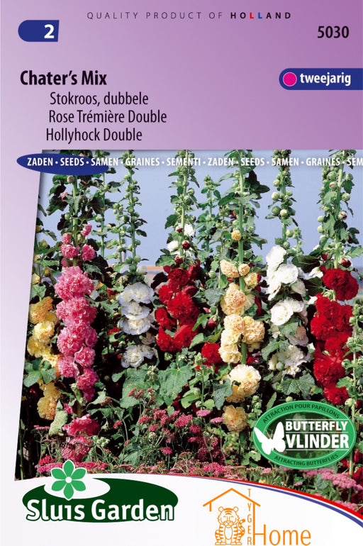Chater's Mix Stokroos Dubbele Zaden: Kweek prachtige, dubbelbloemige stokrozen in je tuin. Grow beautiful, double-flowered hollyhocks for a stunning garden display. Cultivez de magnifiques roses trémières à fleurs doubles pour un jardin éclatant