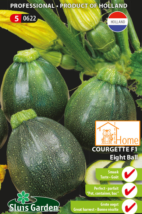 "Courgette F1 Eight Ball Zaden: Grow delicious, round zucchini in your own garden. Kweek heerlijke, ronde courgettes, perfect voor gezonde gerechten en salades."






