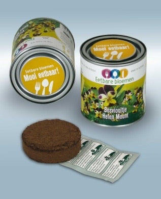 50x Eetbare Bloemen Bosviooltje ‘Helen Mount’ (Viola / Pansy) – Complete Kweekset in Blik – Inclusief Zaden & Kokosgrond