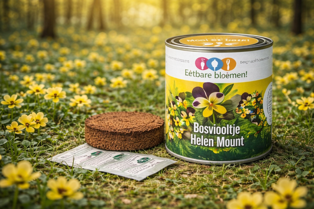 50x Eetbare Bloemen Bosviooltje ‘Helen Mount’ (Viola / Pansy) – Complete Kweekset in Blik – Inclusief Zaden & Kokosgrond