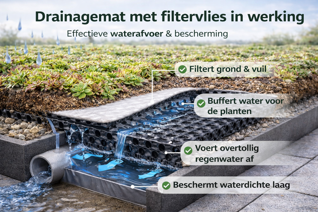 Drainagemat 20 mm met Filtervlies – Waterafvoer & Bufferlaag voor Groendaken (15 x 1,05 m)