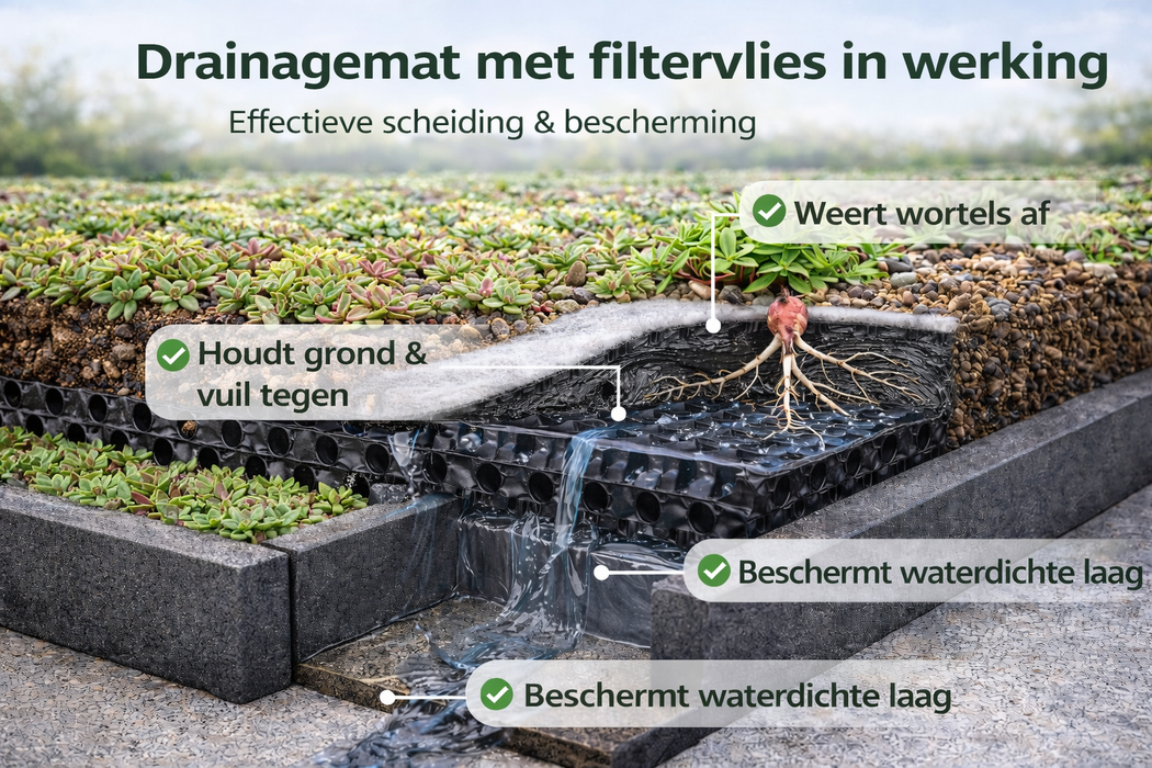 Drainagemat 20 mm met Filtervlies – Waterafvoer & Bufferlaag voor Groendaken (15 x 1,05 m)