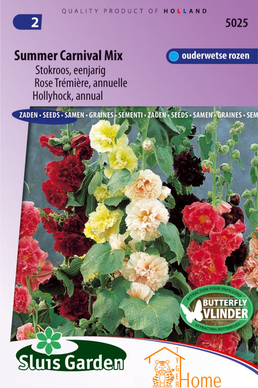 Summer Carnival Mix Stokroos Eenjarig Zaden: Kweek prachtige, kleurrijke stokrozen in je tuin. Grow beautiful, colorful hollyhocks for a vibrant garden display. Cultivez de magnifiques roses trémières colorées pour un jardin éclatant