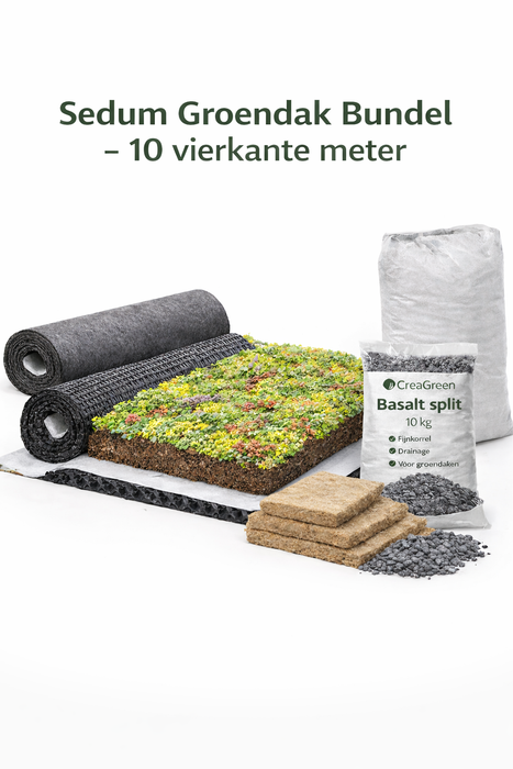 Compleet Groendakpakket 10 m² – Sedum Vegetatiemat met Drainagemat, Beschermdoek, Substraatmatten, Daktuinsubstraat en Basalt Split