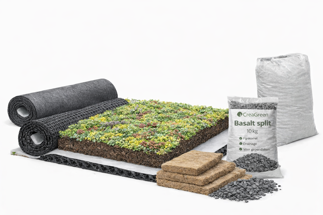 Compleet Groendakpakket 10 m² – Sedum Vegetatiemat met Drainagemat, Beschermdoek, Substraatmatten, Daktuinsubstraat en Basalt Split